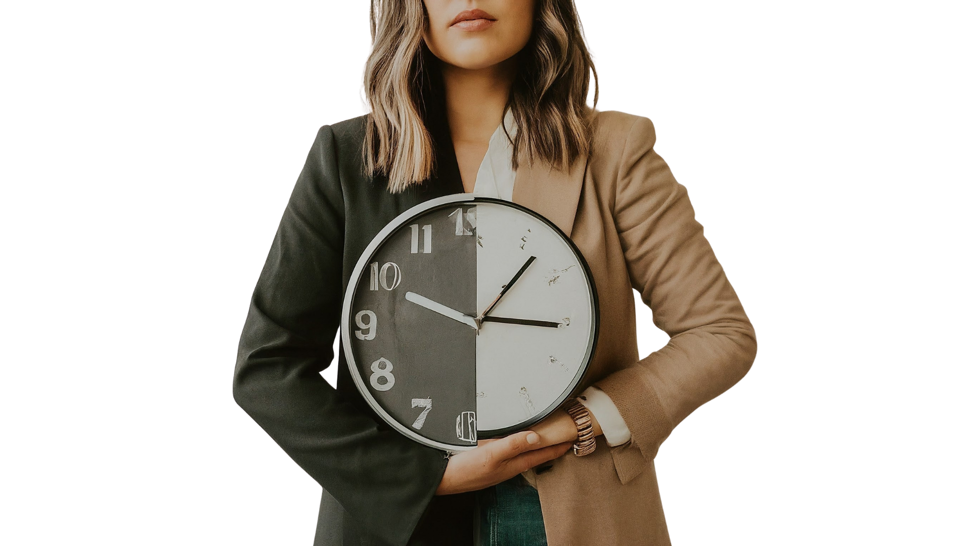 woman showcasing both work and household roles holding a clock